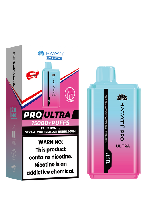 Hayati Pro Ultra 15000 Puffs Disposable Vape - Fruit Bomb / Straw Watermelon Bubblegum Vape Shop Belper, Derby, Ripley