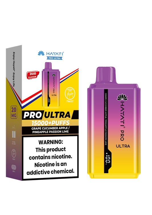 Hayati Pro Ultra 15000 Puffs Disposable Vape - Grape Cucumber Apple / Pineapple Passion Lime Vape Shop Belper, Derby, Ripley