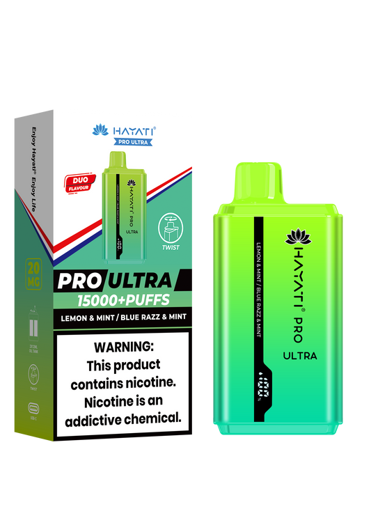 Hayati Pro Ultra 15000 Puffs Disposable Vape - Lemon & Mint / Blue Razz & Mint Vape Shop Belper, Derby, Ripley